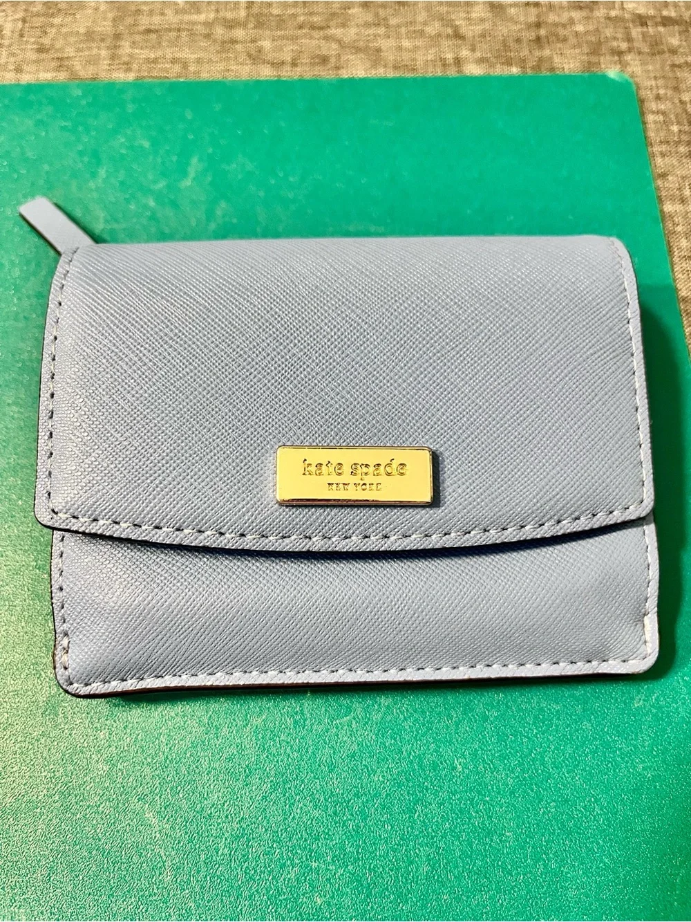 kate spade Light Blue Saffiano Leather Card Wallet with Gold Logo